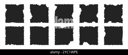 Satz schwarzer quadratischer Papierrahmen mit gezackten Kanten. Geriffelte Schmirgelblätter geometrischer rechteckiger Form, isoliert auf weißem Hintergrund. Einfache zerrissene Seitenstücke, grobe alte zerrissene Schrottchen mit welliger Kante Stock Vektor