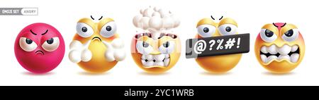 Emoji Angry Character Vektor Set. Emojis Emoticon-Charaktere in der Sammlung von verrückten, schlechten Laune, explodieren, genervt, grausamen Gesichtern auf weißem Hintergrund. Stock Vektor