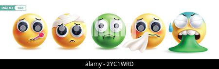 Emoji Sick 3D Zeichen Vektorsatz. Emojis Krankheit Gesicht Symbol wie Grippe, Übelkeit, Fieber, Niesen und Erbrechen Emoticon Gesichtsausdruck Sammlung Stock Vektor
