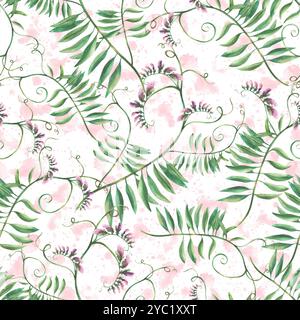 Wildblumen klettern Zweig Maus Erbsen nahtloses Muster. Lilafarbenes lila Blüten, Knospen und Blätter auf Aquarellrosa Flecken Spritzer Hintergrund handgezeichnet Stockfoto