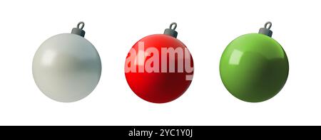 Vektor Set 3D Illustration von glatten roten, silbernen und grünen Weihnachtskugeln. Minimalistisches Design, perfekt für Weihnachtsdekorationen und festliche Karten Stock Vektor