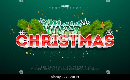Merry Christmas 3D-Texteffekt-Design. Bearbeitbarer und skalierbarer Vektorgrafik-Effekt mit Schriftzug für rote Typografie, Tannenzweig und Ornamenten Stock Vektor