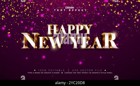 3D-Texteffekt-Design für das neue Jahr. Editierbarer und skalierbarer Vektorgrafik-Effekt mit goldener und weißer Typografie und fallendem Konfetti Stock Vektor