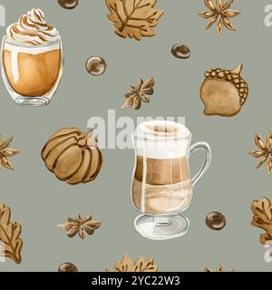 Coffee Latte Macchiato, Kürbis Spice Latte Coffee und Herbstkekse. Nahtloses Aquarellmuster auf salbeigrünem Hintergrund für Lebensmittelbäckerei des Stockfoto