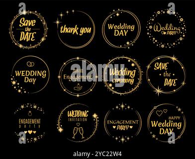 Goldene Glitzerrahmen. Stardust glänzende Kreise. Hochzeit und Dankesnachricht. Star-Elemente für die Weihnachtsfeier. Hochzeitsfeier. Glänzendes Sternenlicht. Ro Stock Vektor