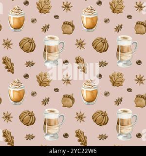 Coffee Latte Macchiato, Kürbis Spice Latte Coffee und Herbstkekse. Nahtloses Aquarellmuster auf pfirsichrosa Hintergrund für Lebensmittelbäckerei des Stockfoto