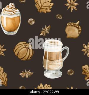Coffee Latte Macchiato, Kürbis Spice Latte Coffee und Herbstkekse. Nahtloses Aquarellmuster auf dunklem Hintergrund für Lebensmittelbäckerei Design, k Stockfoto