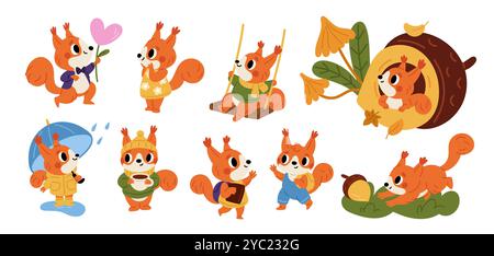 Niedliche Eichhörnchen. Lustige kleine Tiere. Rothaarige flauschige Maskottchen. Cartoon Herbstwald Charaktere. Glückliches Säugetier mit Rucksack oder Regenschirm. Tierwelt Stock Vektor