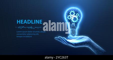 Glühlampe mit Zahnrädern innen. Lernlösung, Motorleistung, Stock Vektor