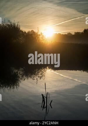 Sonnenaufgang über einem wunderschönen Abschnitt der Themse am Radley Boathouse. Das 1921 gegründete Bootshaus dient seit über einem Jahrhundert Radley College und einheimischen Ruderfreunden. Die Aussicht von hier kann besonders schön sein bei Sonnenaufgang - wie hier. Stockfoto