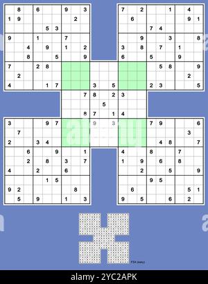 Samurai Sudoku, fünf überlappende Sudoku-Rätsel. Volle Symmetrie, 117 Hinweise. Einfach. MK II. Vektor. Stock Vektor