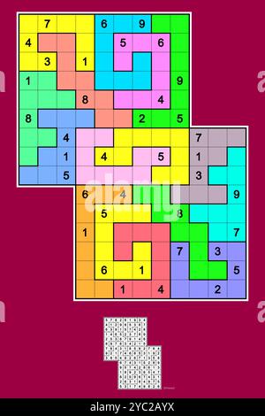 Puzzle Sensei Sudoku. Zwei überlappende Puzzle-Sudoku-Puzzles. Rotationssymmetrie, 38 Hinweise. Einfach. MK II. Vektor. Stock Vektor