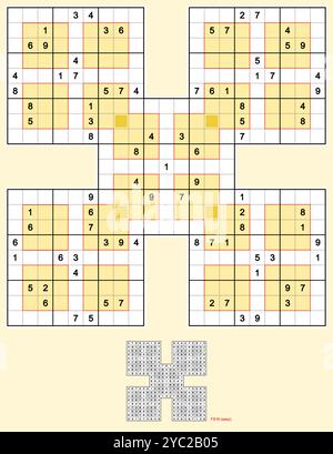 Samurai Sudoku mit Windoku-Variante. Fünf überlappende Windoku-Rätsel, volle Symmetrie. Leicht, 89 Hinweise. MK II. Vektor. Stock Vektor