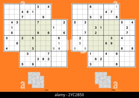 Doppel-doku. Zwei überlappende Sudoku-Rätsel. Rotationssymmetrie. Leicht und mäßig. 34, 34 Hinweise. MK II. Vektorsatz DK2. Stock Vektor