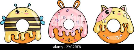 Süße Donuts Cartoon Kawaii Charakter. Lustiger Hase, Katze und Biene mit Tropfengläser. Isolierte süße Persönlichkeit Gebäck Essen. Vektorabbildung. Kinder Co Stock Vektor