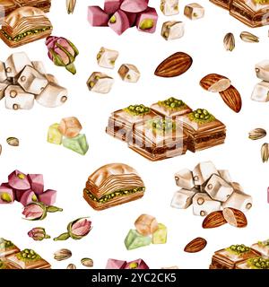 Nahtloses Muster mit türkischen Süßigkeiten. Verschiedene Arten von Lokum. Baklava mit Nüssen und Pistazien. Rosenknospen und Nüsse. Bunte Süßigkeiten. Aquarell Stockfoto