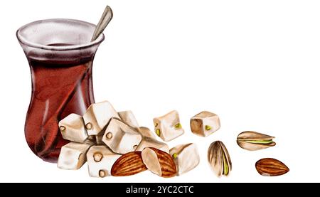 Tee in einem Glas mit einem Löffel. Schwarzes klassisches türkisches Getränk. Verschiedene Lokumarten mit Nüssen und Pistazien. Aquarellabbildung Stockfoto
