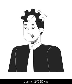 Gear-Umschlag im Kopf überwältigt Mann Büroangestellte schwarz-weiße 2D-Linienfigur Stock Vektor