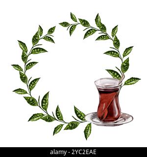 Kranz aus Teeblättern und -Stämmen. Glas mit türkischem Tee. Klassischer dunkler Tee. Zusammensetzung für Verpackung oder Postkarte. Aquarellabbildung Stockfoto
