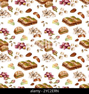 Nahtloses Muster mit türkischen Süßigkeiten. Verschiedene Arten von Lokum. Baklava mit Nüssen und Pistazien. Rosenknospen und Nüsse. Bunte Süßigkeiten. Aquarell Stockfoto