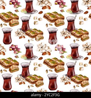 Nahtloses Muster mit türkischem Tee. Tee im Glas und Baklava und Lokum. Nüsse und Süßigkeiten. Aquarellabbildung ohne Hintergrund Stockfoto