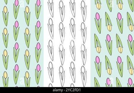 Umrissene und farbenfrohe handgezeichnete Tulpen nahtloses Muster. Set mit 3 Frühlingsblume Gruß Hintergrund. Isolierte Vektor-Illustration Verpackung, Hintergrundbild oder Web, Poster, Banner, Broschüre, Preisschild, Etikett Stock Vektor