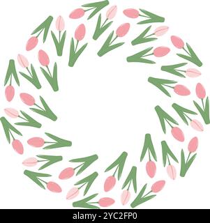 Blossom Tulips Circle Frame Borte in trendigem, weichem Pink. Schriftzüge, Grußkarten oder Karten mit Blumenmuster. Poster mit isolierten Vektoren, Broschüren, Preisanhänger, Banner, Label oder Web-Werbeaktion Stock Vektor