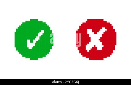 Kreisschaltflächen des Symbols „grünes Häkchen“ und „Rotes Kreuz“ im Pixelstil. Häkchen Sie Das Symbol Markieren. Markierungsfeld-Symbol mit den Schaltflächen Rechtes und falsches Kreissymbol. Isoliert Stock Vektor