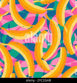 Nahtloses Vintage-Muster mit gelben Bananen. Bananenmuster mit bunten Schatten. Tropisches Muster mit Bananen. Stockfoto