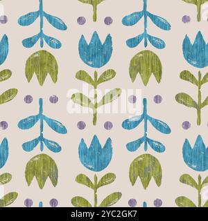Nahtloses Vintage-Blumenmuster im skandinavischen Folk-Stil. Nahtloses Retro-Muster mit Grunge-Tulpenblüten Stockfoto