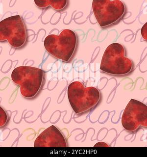 Rote Herzen und das Wort Liebe handgeschriebener mehrfarbiger Text auf dem Hintergrund. Nahtloses Muster, handgezeichnet mit Aquarellen auf rosafarbenem Hintergrund. Für d Stockfoto