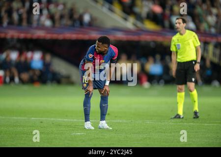 Barcelona, Spanien. Oktober 2024. Ansu Fati (FC Barcelona) gibt Gesten während eines La Liga EA Sports Spiels zwischen dem FC Barcelona und Sevilla FC bei der Estadi Olimpic Lluís Company. Endstand: FC Barcelona 5:1 Sevilla FC Credit: SOPA Images Limited/Alamy Live News Stockfoto