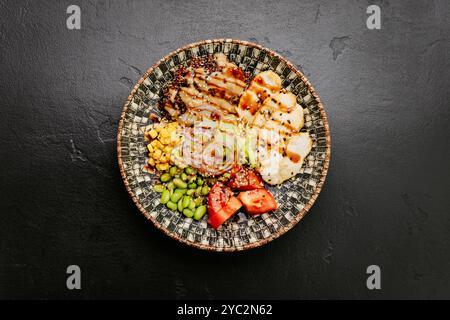 Bunte Buddha-Schüssel mit frischem Gemüse, Quinoa und Avocado, gesunde Ernährung und Wellness-Liebhaber Stockfoto