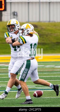 Edmonton, Kanada. Oktober 2024. Matteo Trasolini (L) und Strachan Liberman (R) feiern, nachdem sie die University of Manitoba-Offense beendet haben. University of Alberta Golden Bears 37 - 38 University of Manitoba Bisons (Foto: Ron Palmer/SOPA Images/SIPA USA) Credit: SIPA USA/Alamy Live News Stockfoto