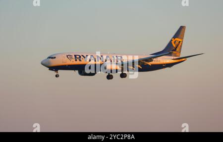 Ryanair boeing 737 800 Flugzeug nähert sich der Start- und Landebahn am Flughafen lissabon zur goldenen Stunde Stockfoto