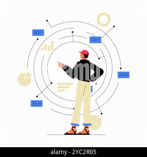 Man präsentiert digitale Daten mit Diagrammen und Diagrammen in einer Illustration mit flachen Vektoren, die Datenvisualisierung, Technologie und Informationsfluss symbolisiert Stock Vektor