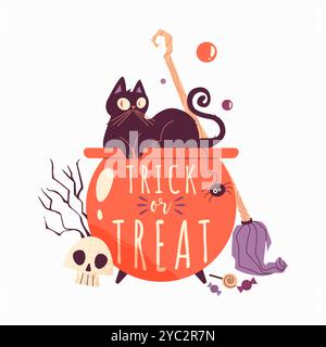 Schwarze Katze Im Kessel Mit Trick Or Treat Sign In Flache Vektor-Illustration, Die Halloween Geist, Spooky Fun Und Feier Symbolisiert, Isoliert Auf Stock Vektor