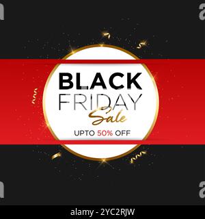 Black Friday Sale Banner, Special Offer Web Banner, Black Friday Sale Typografie Banner Red and Black Design Template, Gold glänzende Sterne, Konfetti Stock Vektor