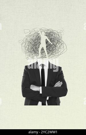 Composite Trend Artwork Skizze Bild Collage der Mess Line Kritzelei Karikatur Illustration kopflos Mann Stand Tragen Anzug Traum Person Tanz Stockfoto