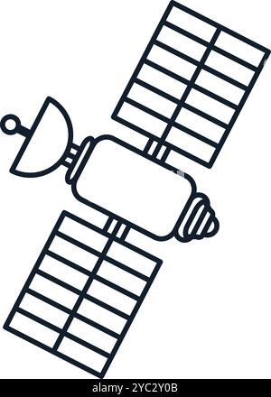 Vektordarstellung eines Satelliten im linearen Stil. Wissenschaft, Entdeckung und Weltraumsymbol. Astronomie und Kommunikationselement. Radio Telecommunicica Stock Vektor