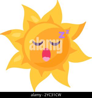 Eine lebendige Vektor-Illustration der stilisierten gleitenden Sonne in hellgelber Farbe im Cartoon-Stil. Das Gesicht der Sonne ist freundlich und einladend, strahlt aus Stock Vektor