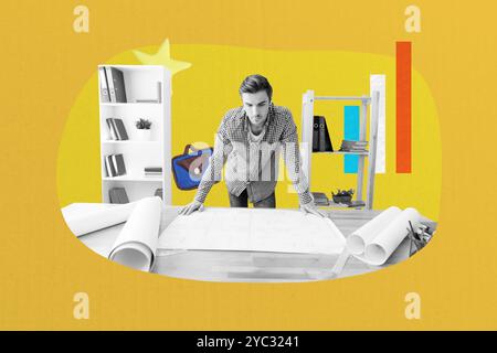 Composite Photo Collage von seriösen Mann Architekt Look Papier Blatt Dokumentation Arbeitsplatz Bücherregal Diagramm isoliert auf gemalten Hintergrund Stockfoto