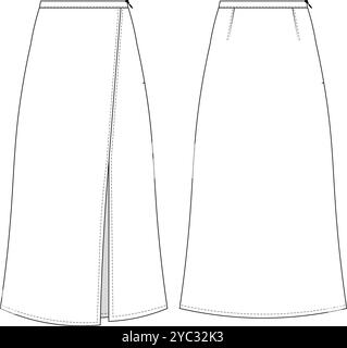 Mittelhoher Bund mittlere Taille Reißverschluss geschlitzter langer Maxi Midi-A-Linie Rock technische Zeichnung flacher Sketc Stock Vektor