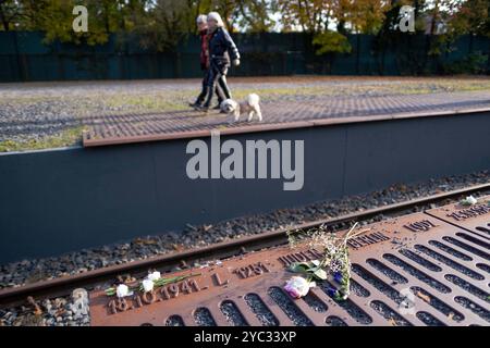 Blumen am Mahnmal Gleis 17 zur Erinnerung an die Deportation von Juden mit der Deutschen Reichsbahn vom Bahnhof Grunewald. / Blumen am Gleis 17-Denkmal zum Gedenken an die Deportation von Juden auf der Deutschen Reichsbahn vom Bahnhof Grunewald. Schnappschuss-Fotografie/K.M.Krause *** Blumen am Gleis-17-Denkmal zum Gedenken an die Deportation von Juden auf der Deutschen Reichsbahn vom Bahnhof Grunewald Schnappschuss-Fotografie K M Krause Stockfoto