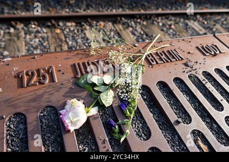 Blumen am Mahnmal Gleis 17 zur Erinnerung an die Deportation von Juden mit der Deutschen Reichsbahn vom Bahnhof Grunewald. / Blumen am Gleis 17-Denkmal zum Gedenken an die Deportation von Juden auf der Deutschen Reichsbahn vom Bahnhof Grunewald. Schnappschuss-Fotografie/K.M.Krause *** Blumen am Gleis-17-Denkmal zum Gedenken an die Deportation von Juden auf der Deutschen Reichsbahn vom Bahnhof Grunewald Schnappschuss-Fotografie K M Krause Stockfoto