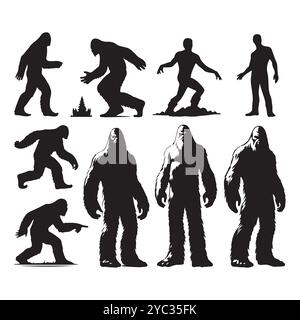 Satz von Sasquatch-Silhouetten isoliert auf weißem Hintergrund, Vektorillustration. Stock Vektor