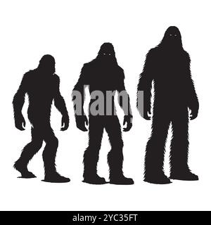 Satz von Sasquatch-Silhouetten isoliert auf weißem Hintergrund, Vektorillustration. Stock Vektor