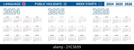 Einfache Kalendervorlage auf Englisch für 2024, 2025, 2026 Jahre. Die Woche beginnt am Montag. Vektorabbildung. Stock Vektor