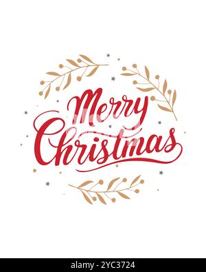 Karte Merry Christmas Inschrift mit goldenen Sternen und Zweigen auf weißem Hintergrund, rote Schrift handgezeichnet. Vektorabbildung Stock Vektor