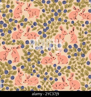 Nettes rosa Kaninchen nahtloses Vektor-Wiederholungsmuster mit Beerenzweigen auf beigem Hintergrund. Niedliche Ernte Wald Hintergrund für Kinder, Verpackung, etc Stock Vektor